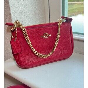 COACH Red Pebbled Leather Nolita 19 Small Shoulder Bag/Wristlet with Gold Chain